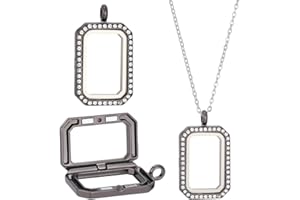 CRAFTYMELODY Memory Locket Pendant Necklace Alloy Rhinestone Floating Charm with Glass Rectangle Clear Photo Frame Charms Pic