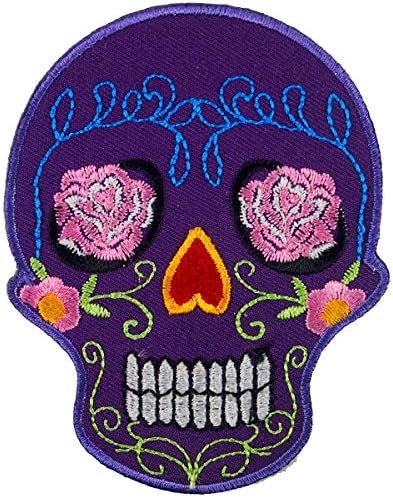 Rose in Eyes Purple Novelty Candy Skull Embroidered Iron on Patch
