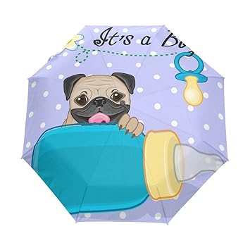 GIOVANIOR Pug Dog Boy Windproof Travel Rain Umbrella Golf Canopy Auto Button Tri-Folded Umbrella