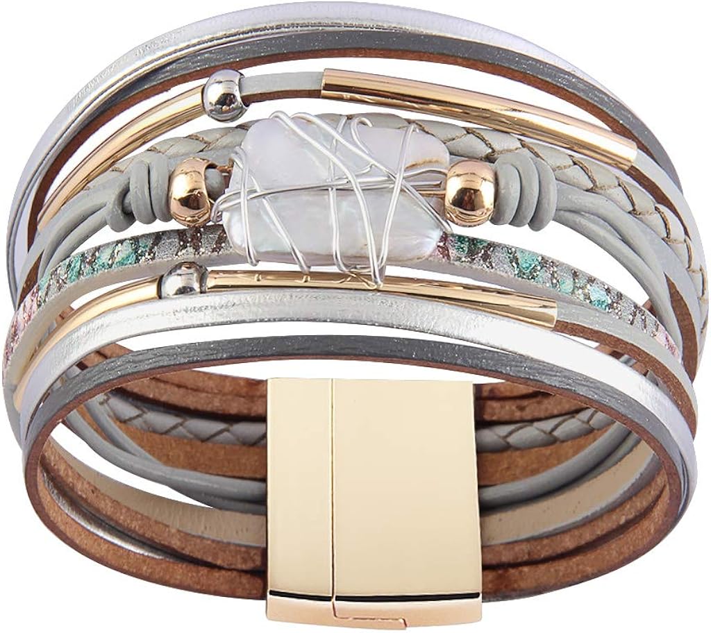 AZORA Womens Leather Cuff Bracelet Baroque Pearl Wrap Bracelets Gorgeous Gold Tube Bangle Handmade Wristbands Jewelry Bohemian Gift for Women, Teen Girls, Mother: Clothing