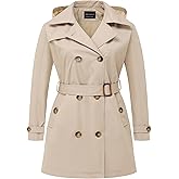 CREATMO US Women's Plus Size Trench Coat Double-Breasted Classic Lapel Overcoat Belted Outerwear Coat with Detachable Hood