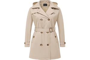 CREATMO US Women's Plus Size Trench Coat Double-Breasted Classic Lapel Overcoat Belted Outerwear Coat with Detachable Hood