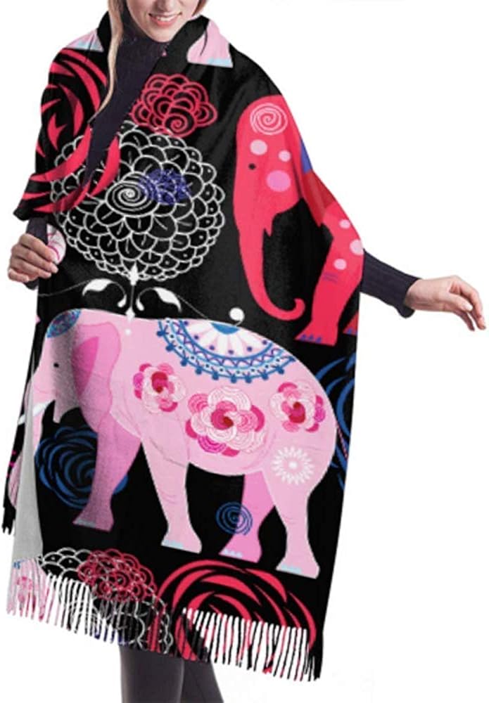 H.D. Damen Winterschal Kaschmir Feel Bright Muster Schöne Elefanten auf