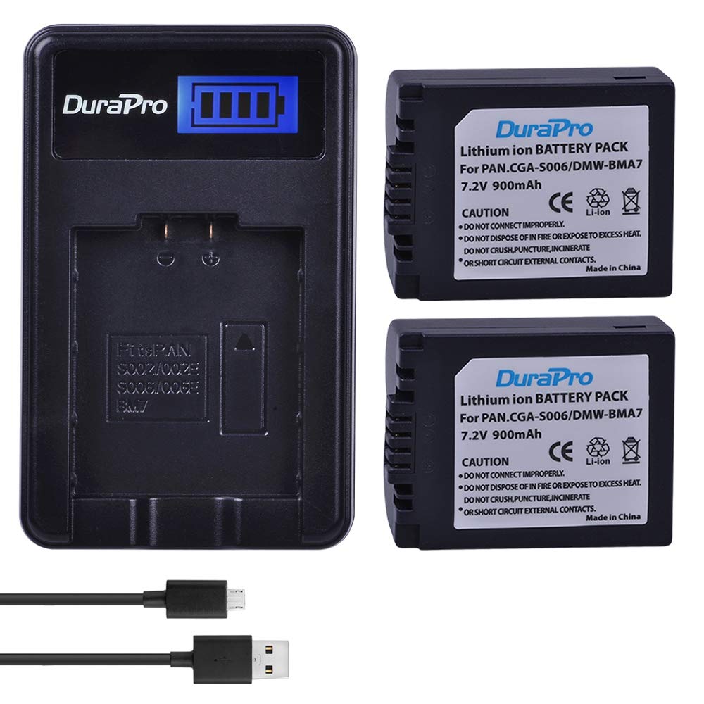 DuraPro 2Pcs CGA-S006E CGR-S006 Battery + LCD USB Charger for Panasonic Lumix DMC-FZ18,DMC-FZ28,DMC-FZ7,DMC-FZ8,DMC-FZ30,DMC-FZ30K,DMC-FZ35 Camera Battery