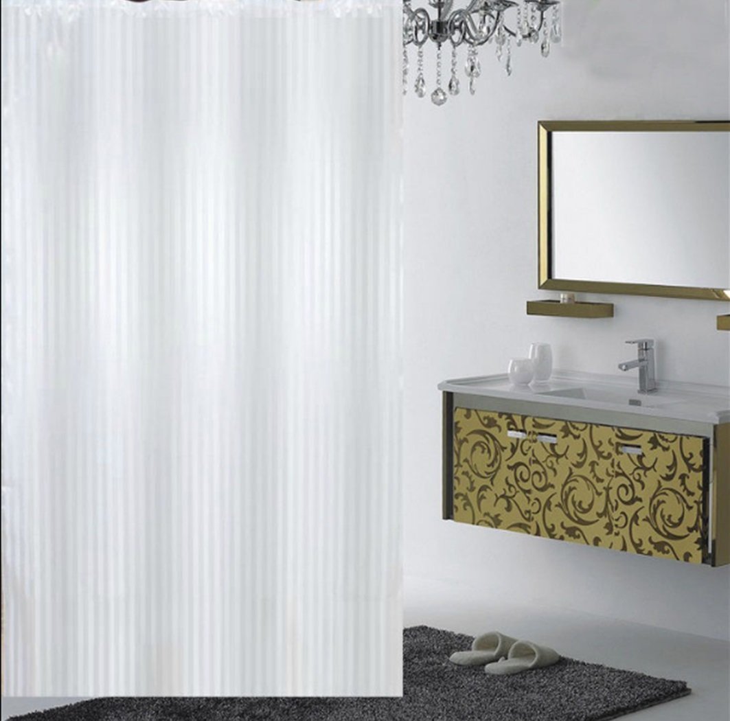 Khushi Creation Pvc Self Stripes Plain White Shower Curtain Set