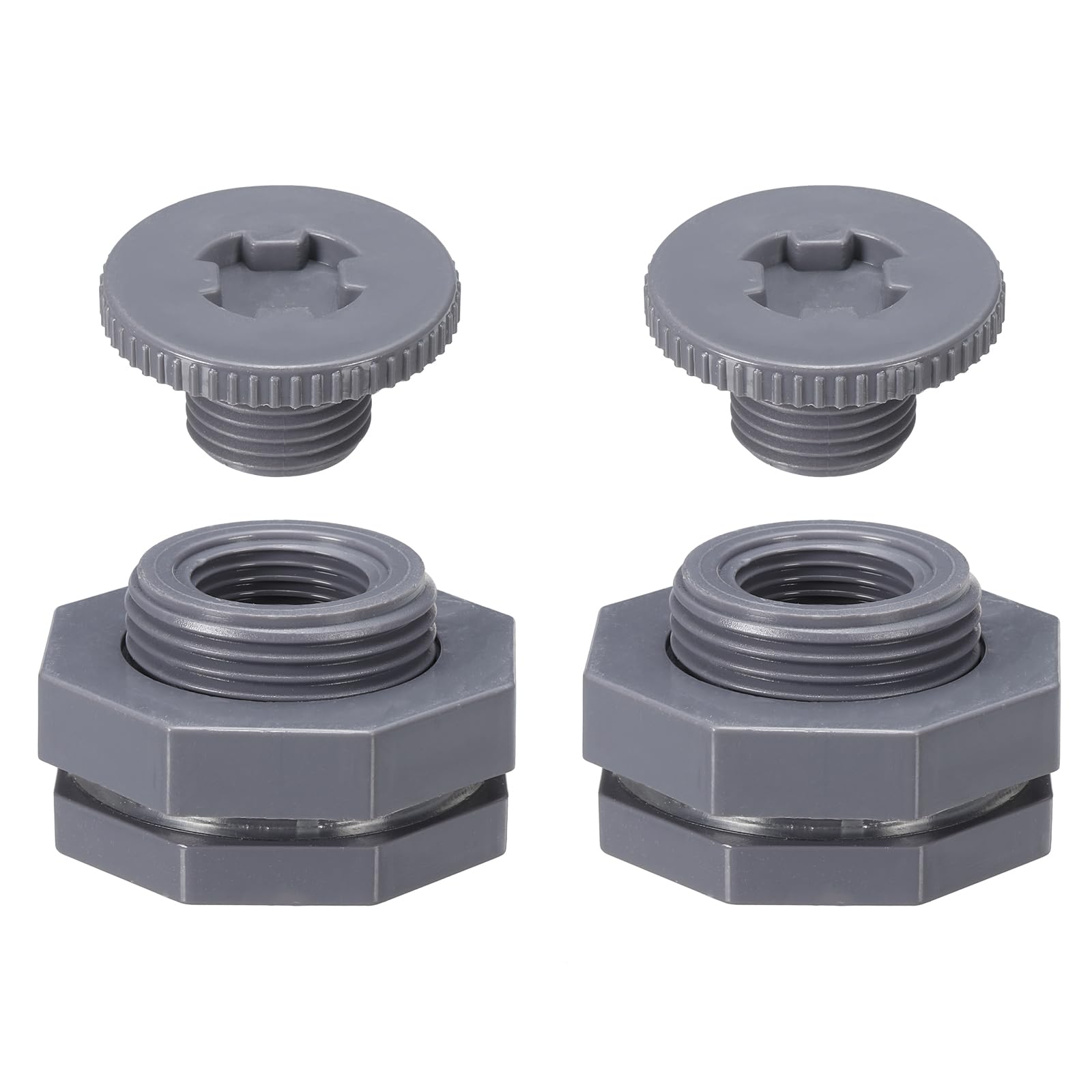 PATIKIL PVC Bulkhead Fitting with Plug NPT1/2, 2 Pack Bulkhead Water Tank Connector with Silicone Seal Gasket Garden Hose Fitting with Plug for Rain Bucket, Sinks, Aquariums, Gray