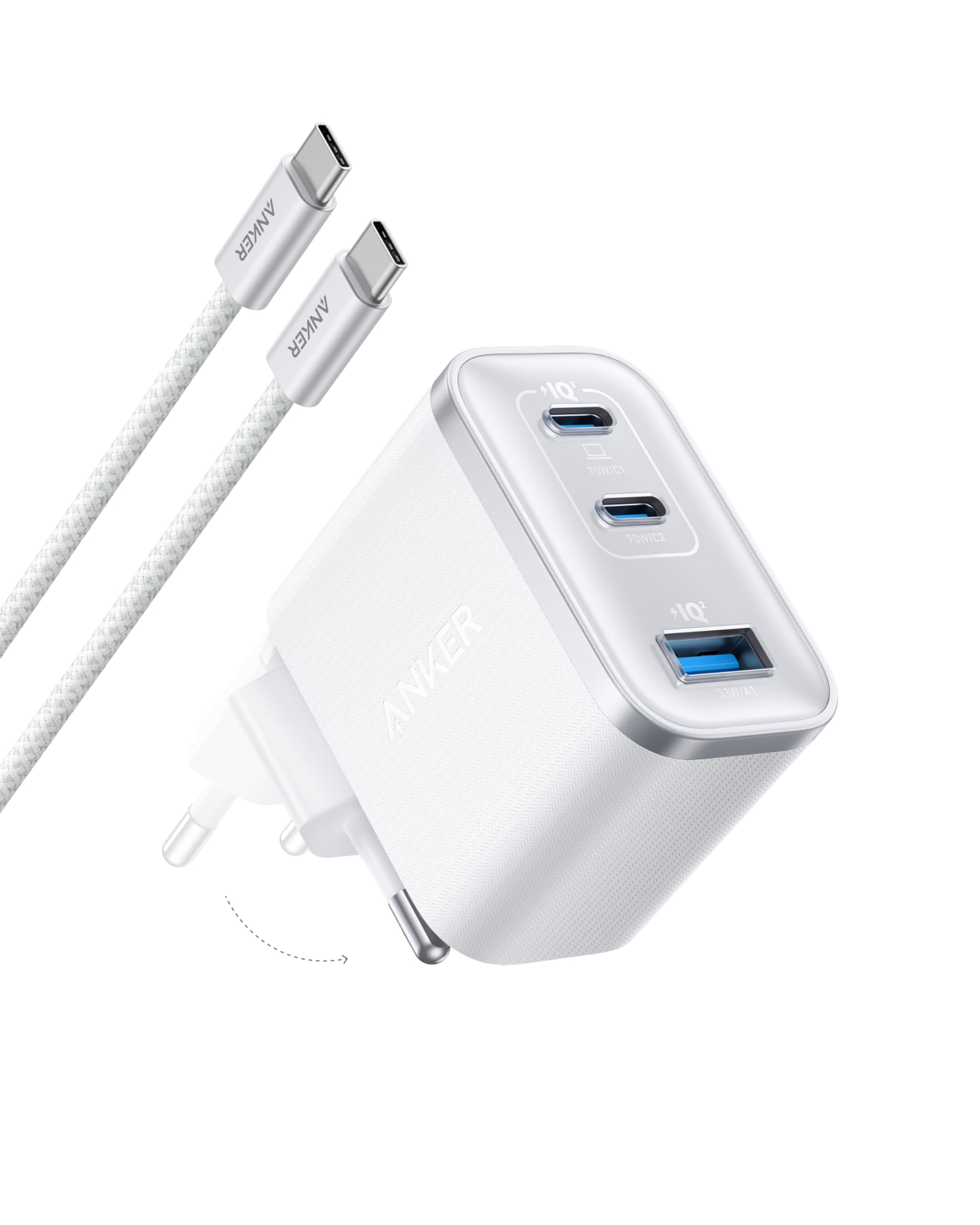 Anker Nano 70W USB C Ladegerät, Laptop Ladegerät, 3-Port-Netzteil mit 70W schnellladegerät, kompakt & stylisch, für iPhone 17/Pro/Pro Max/iPhone Air/16/15, MacBook Air, iPad, Pixel, Galaxy und mehr