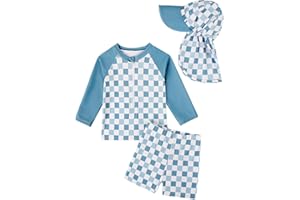 JiAmy Toddler Boys Rash Guard Swimsuit Set, Long Sleeve Swimwear with Sun Hat 6M to 4Y