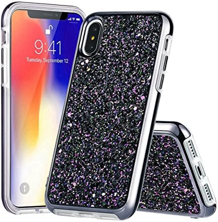 Iphone X Case for Women,Luxury Glitter Shockproof Dual Layer Hard Pc Back Flexible Tpu Inner Protective Cover with Screen Protector and Lanyard Stray for Apple Iphone X/Iphone 10 5.8 Inch (Black)