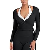 YEOREO Women Pilates Wrap Top Long Sleeve Tie Ballet Workout Yoga Shirt Michelie Y2K V Neck Cropped Tops