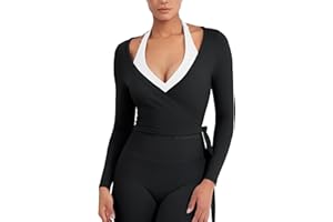 YEOREO Women Pilates Wrap Top Long Sleeve Tie Ballet Workout Yoga Shirt Michelie Y2K V Neck Cropped Tops