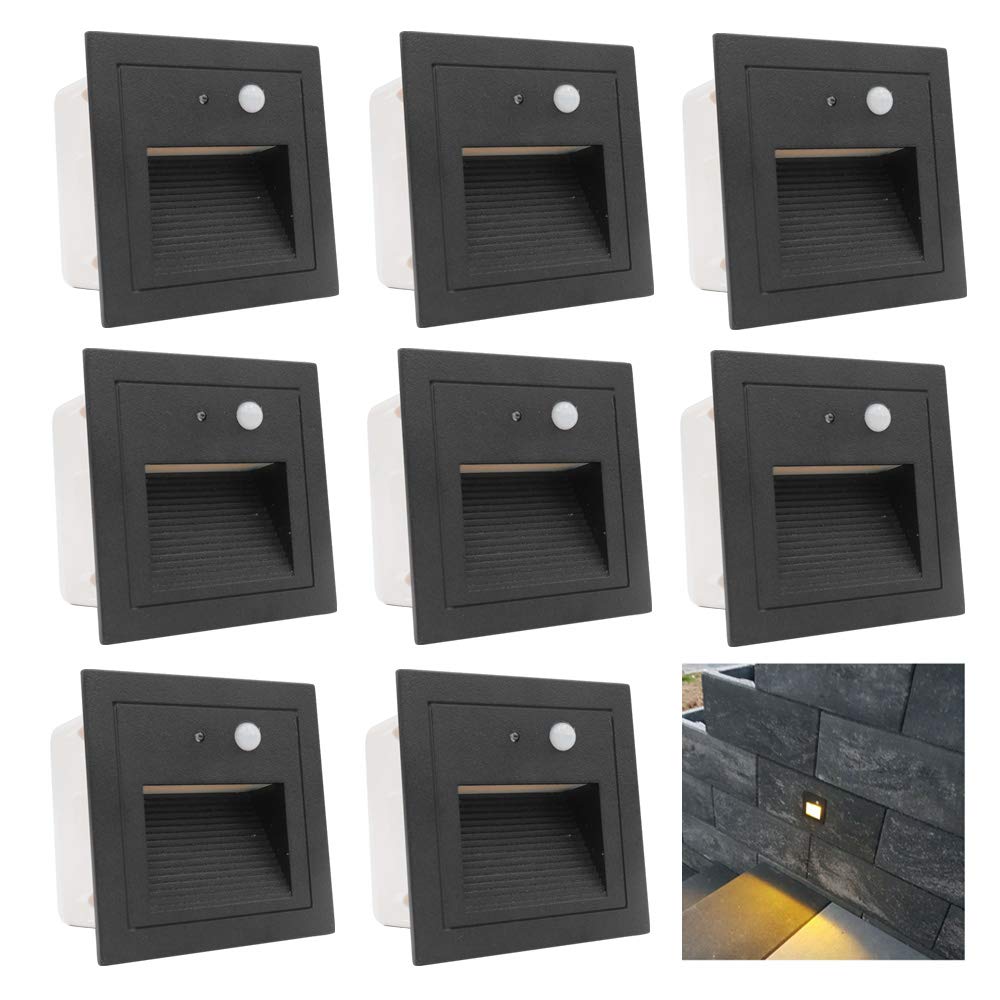 Arotelicht Staircase Light Recessed Wall Lamp,3W Stairway Lamp,Waterproof IP65,3000K Aluminum Black Cover,Step Light with Motion Sensor, 8PCS for Indoor Outdoor Stairway/Corner/Garden/Patio/Plinth โ image 1