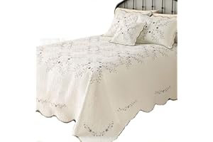 CRIBMATE 100% Cotton Quilted Bedspread, Luxury Amelia Embroidered Bedspread White Embroidered Flower Quilted Blanket Gift Idea for Girl Women (1 Queen Quilt)