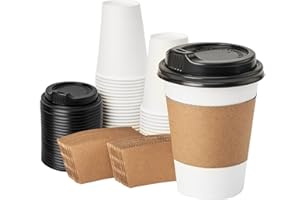 RACETOP 12 oz 50 pack Disposable Paper Coffee Cups with Lids and Sleeves