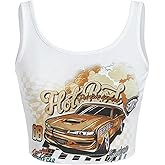 WDIRARA Women's Car Letter Graphic Print Scoop Neck Sleeveless Crop Tank Top Casual T Shirt Top