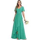 Promworld Women's Long Chiffon Bridesmaid Dress for Women Flutter Sleeves Hi-Lo Formal Pleated Prom Dress