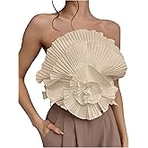 OYOANGLE Women's 3D Flower Decor Strapless Sleeveless Bandeau Top Slim Fit Solid Cropped Tube Tops