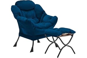 Youtanic Lazy Chair with Folding Ottoman, Accent Chair Velvet Upholstered with Metal Structure and Non-Slip Pads, Sofa Armchair with Footrest and Side Storage Bag for Dorm, Room, Office, Blue