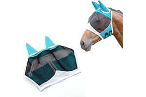Andiker Soft Mesh Horse Fly Mask with Ears, Breathable Horse Face Mask Protect Eyes and Face (Small, Green)