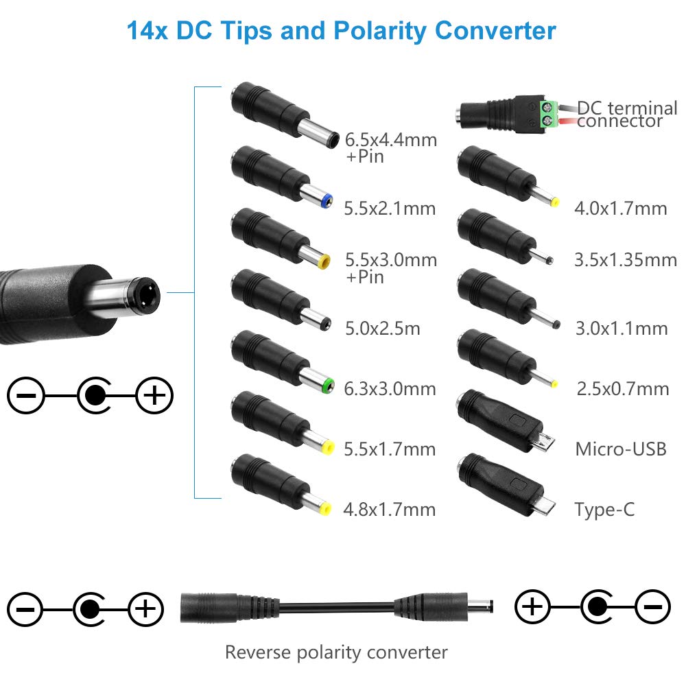 SHNITPWR 36W Universal AC to DC Adapter 3V ~ 24V Adjustable Power Supply AC/DC Converter Transformer 3V 5V 6V 9V 12V 15V 18V 19V 20V 24V 1A 1.2A 1500mA with 14 Tips & Polarity Converter