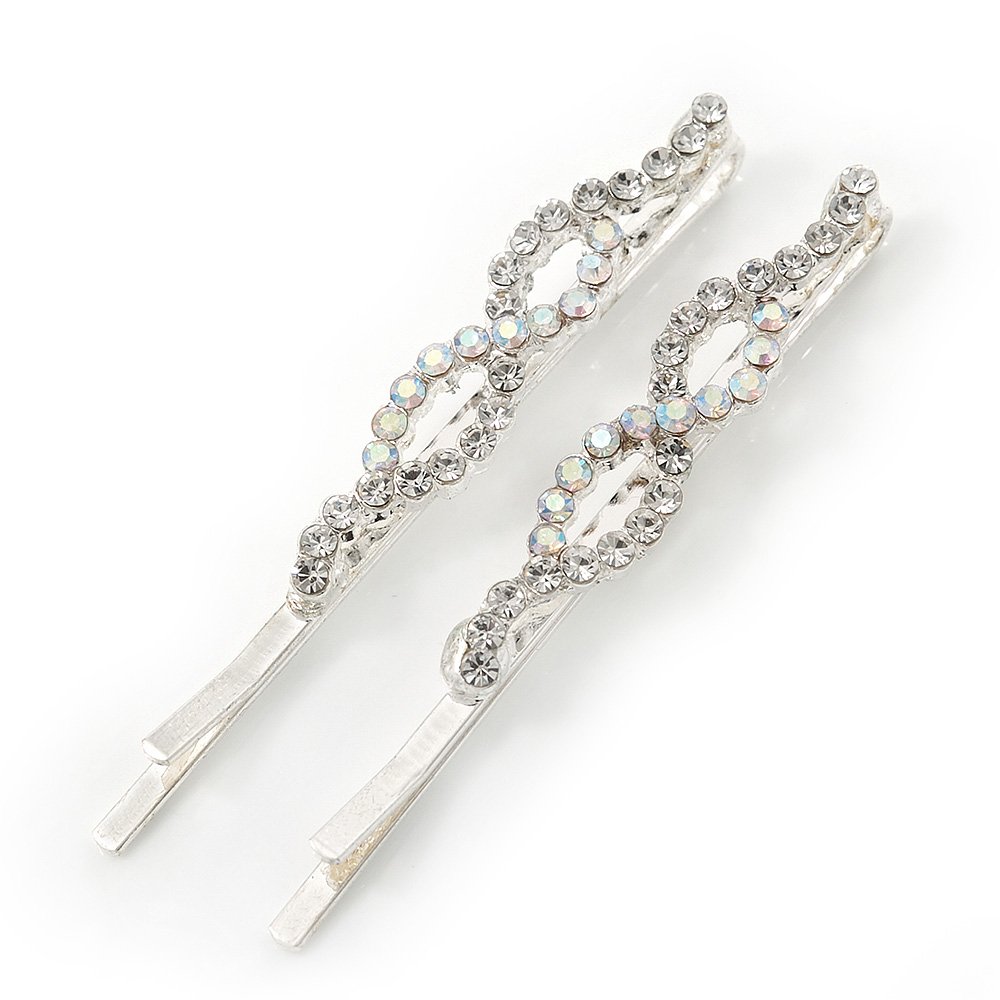 2 Rhodium Plated Clear/AB Crystal 'Infinity' Hair Grips/Slides - 55mm Across
