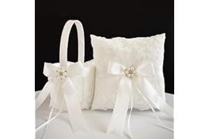 ATAILOVE Ivory Wedding Flower Girl Basket and Ring Bearer Pillow Set, Satin Fairy Lace Flower Baskets for Flower Girl