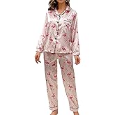 WDIRARA Women's 2 Piece Satin Sleepwear Flamingo Animal Print Button Down Shirt and Pants Pajama Set