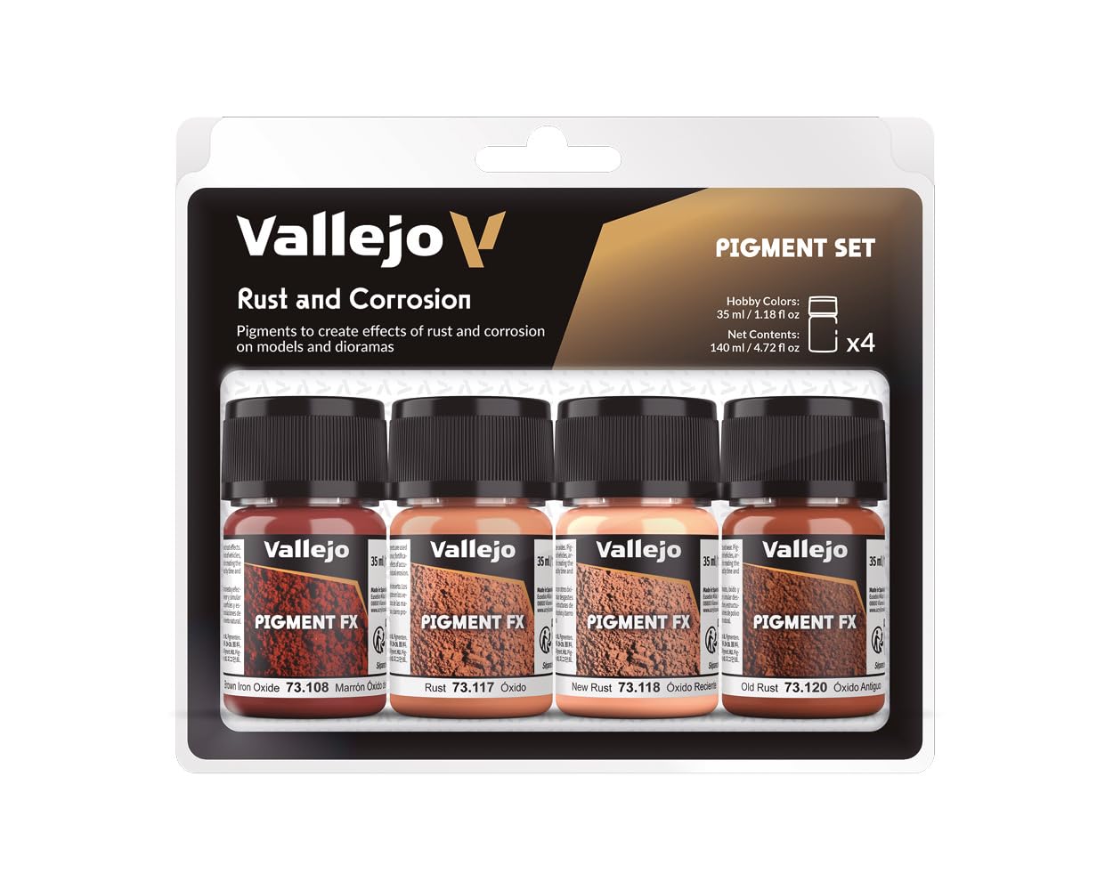 Vallejo Pigment FX Set, 4 Synthetic Colors for Oxidation and Corrosion Effects, 35 ml Each, Includes Tutorial for Models and Dioramas