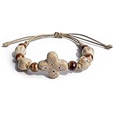 Zlanderah Boho Navy Blue Ceramic Beads Bracelet with Leaf Charm, Adjustable Bohemian Friendship Bracelet for Men and Women, Handmade Hippie Jewelry Gifts