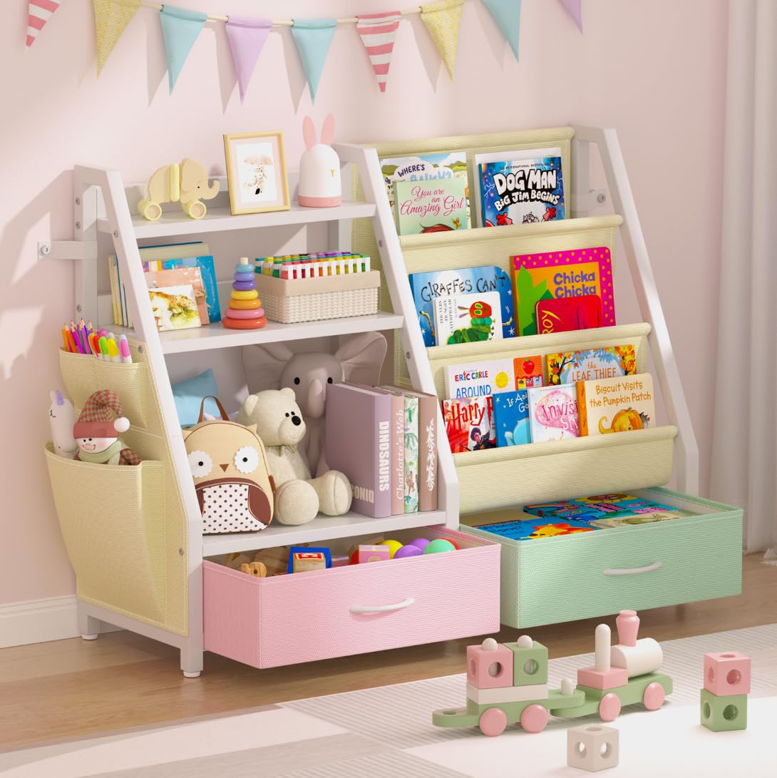 Twinkoo Kids Bookshelf and Toy Storage, Sturdy 3 Tier Kids Bookcase, Sling Bookshelf and 2 Toy Boxes, Toddler Montessori Bookshelf with Toy Organizer, for Kids Room, Game Room, Nursery