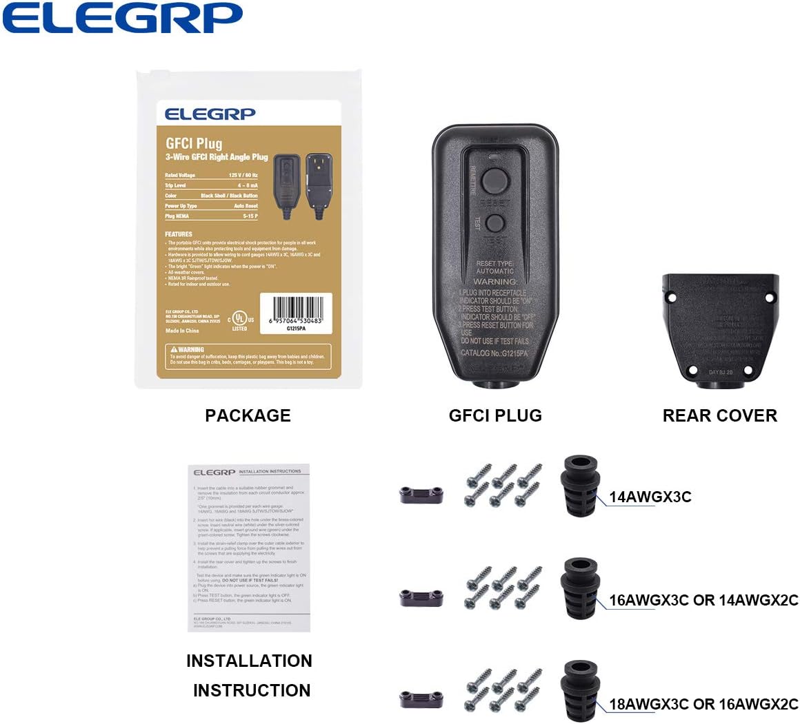 ELEGRP G1215PA2 Auto Reset GFCI Replacement Plug Assembly 15 Amp 2 Wires 2-Prongs NEMA 1-15P Non-Grounding for Power Pressure Washer, Pool Pump and More, UL Listed (1 Pack, Black) - - 