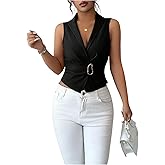 GORGLITTER Women's Wrap Tie Back V Neck Blouse Metal Sleeveless Vest Tops Old Money Casual Work Office Shirt