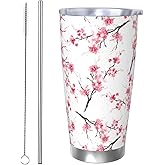 CHASOEA Cherry Blossom Tumbler 20oz Floral Stainless Steel Vacuum Insulated Tumblers with Lid and Straw Flowers Travel Coffee Mug Tea Wine Cups Water Bottle Gifts for Women