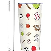 YIKISSKID Sports 20oz Tumbler with Lid and Straw for Women Men, Basketball Football Soccer Baseball Insulated Mug Ball Sports Lover Stainless Steel Tumbler Double Wall Vacuum Travel Mug Coffee Cup