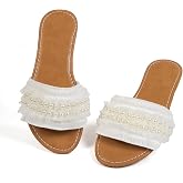 Women’s Flat Sandals, Open Toe Beach Sandals with Pearl Chain for Vacation | Comfortable Cushioning Insole, Slip-on Summer Sa