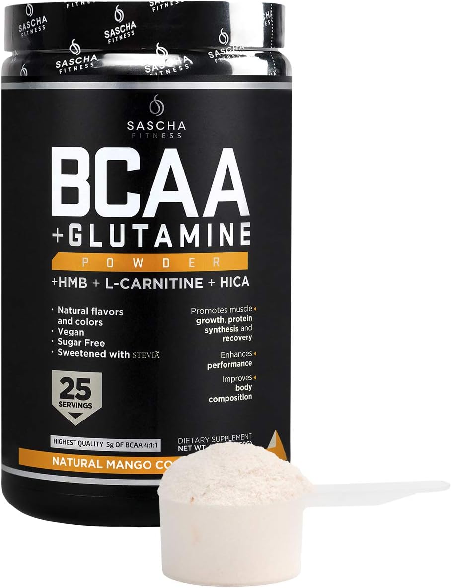 Sascha Fitness BCAA 4:1:1 + Glutamine, HMB, L-Carnitine, HICA | Powerful and Instant Powder Blend with Branched Chain Amino Acids (BCAAs) for Pre, Intra and Post-Workout (Natural Mango Coconut Flavor): Health & Personal Care