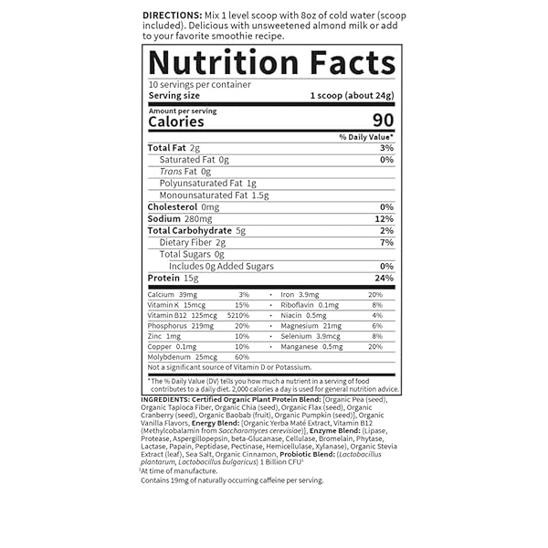 GARDEN OF LIFE ORGANIC PLANT PROTEIN SMOOTH ENERGY POWDER, 10 SERVINGS – VEGAN, GRAIN FREE & GLUTEN FREE PLANT BASED PROTEIN SHAKE WITH YERBA MATE, VITAMIN B12, PROBIOTICS & ENZYMES, 15G PROTEIN