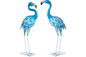 Set of 2 Flamingo Outdoor Statues, Metal Yard Flamingo for Garden Patio Lawn Backyard Decoration (Blue)
