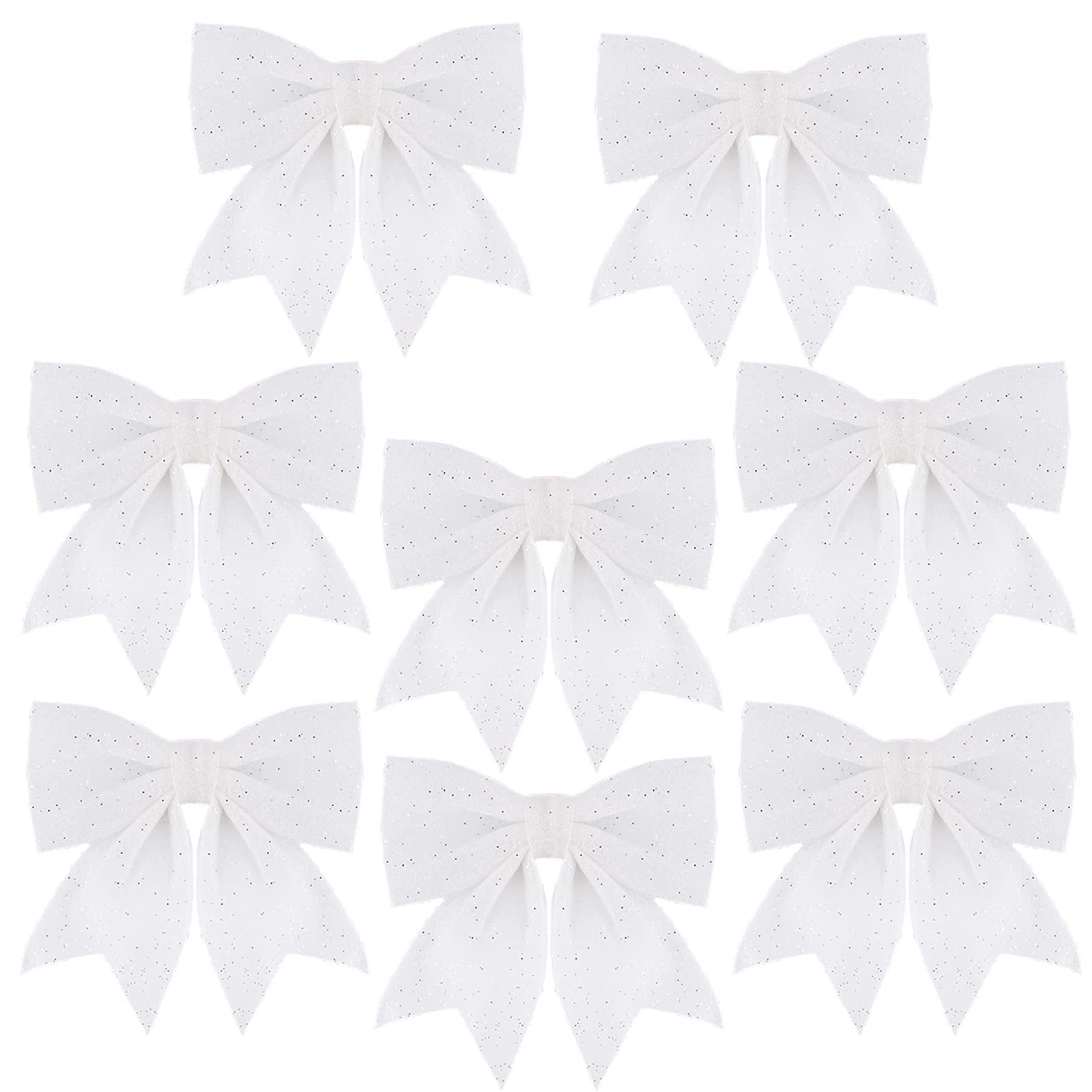 HONGCI 8 Pack White Bows for Christmas Tree,5.5 Inch Glitter Wreaths Bows Christmas Bows for Tree Decorations,Xmas Tree Bows,Sequin Bows Ties Ornaments for Christmas Tree,Wreaths,Garland Decorations