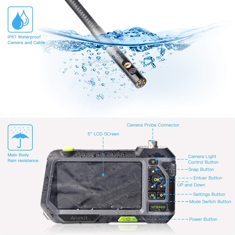 Anykit Dual Lens Endoscope Inspection Camera 5.5MM, 9.8ft/3M Waterproof ...