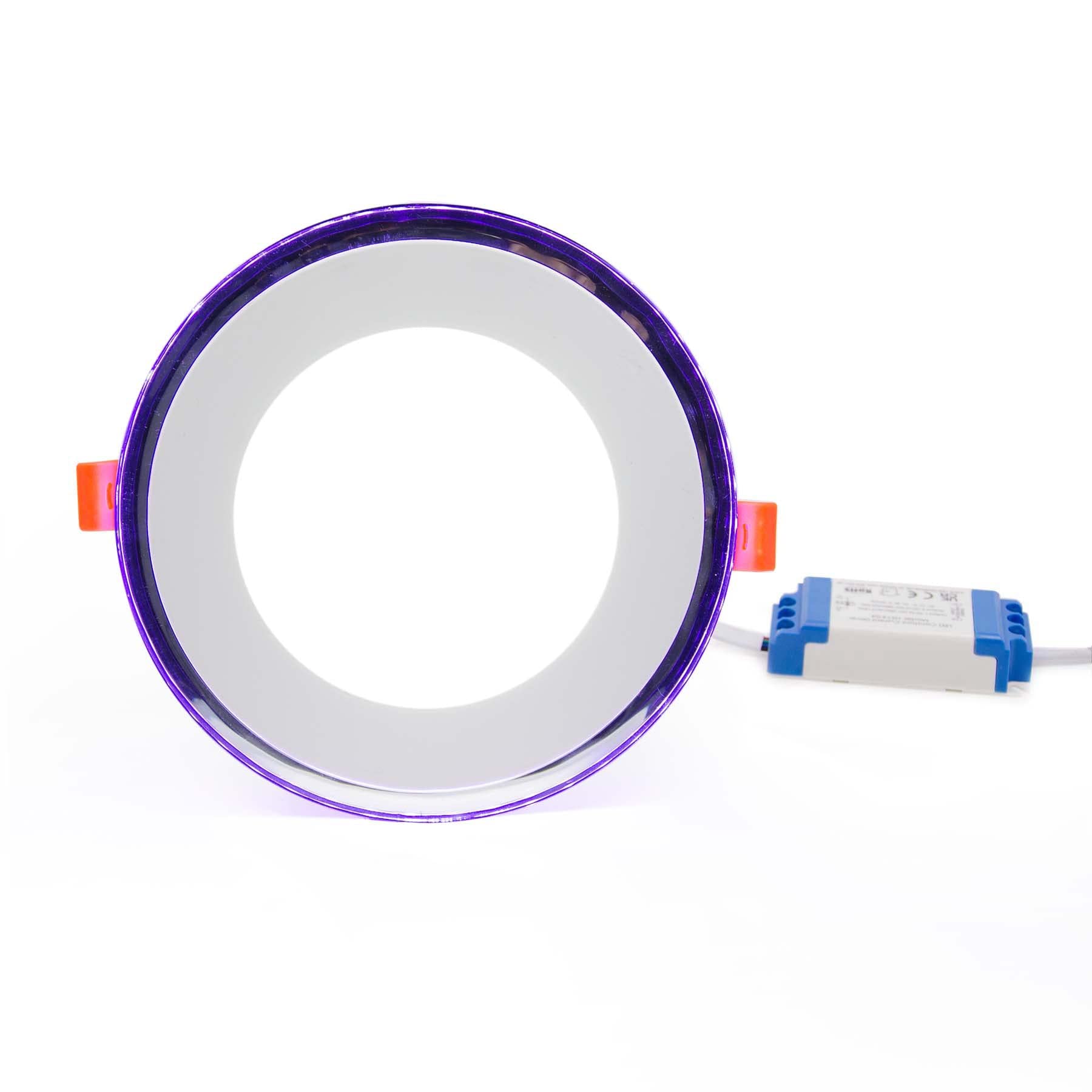 G.W.S® 6W+2W Ultra Thin Chrome Mirror Purple Edge Lit Round Circle LED Recessed Flat Panel Downlight Ceiling Light Day White, LED Driver Included