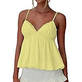 Women Y2k Lace Trim Cami Top Spaghetti Strap V Neck Peplum Camisole Summer Cute Fairy Aesthetic Babydoll Tank Tops