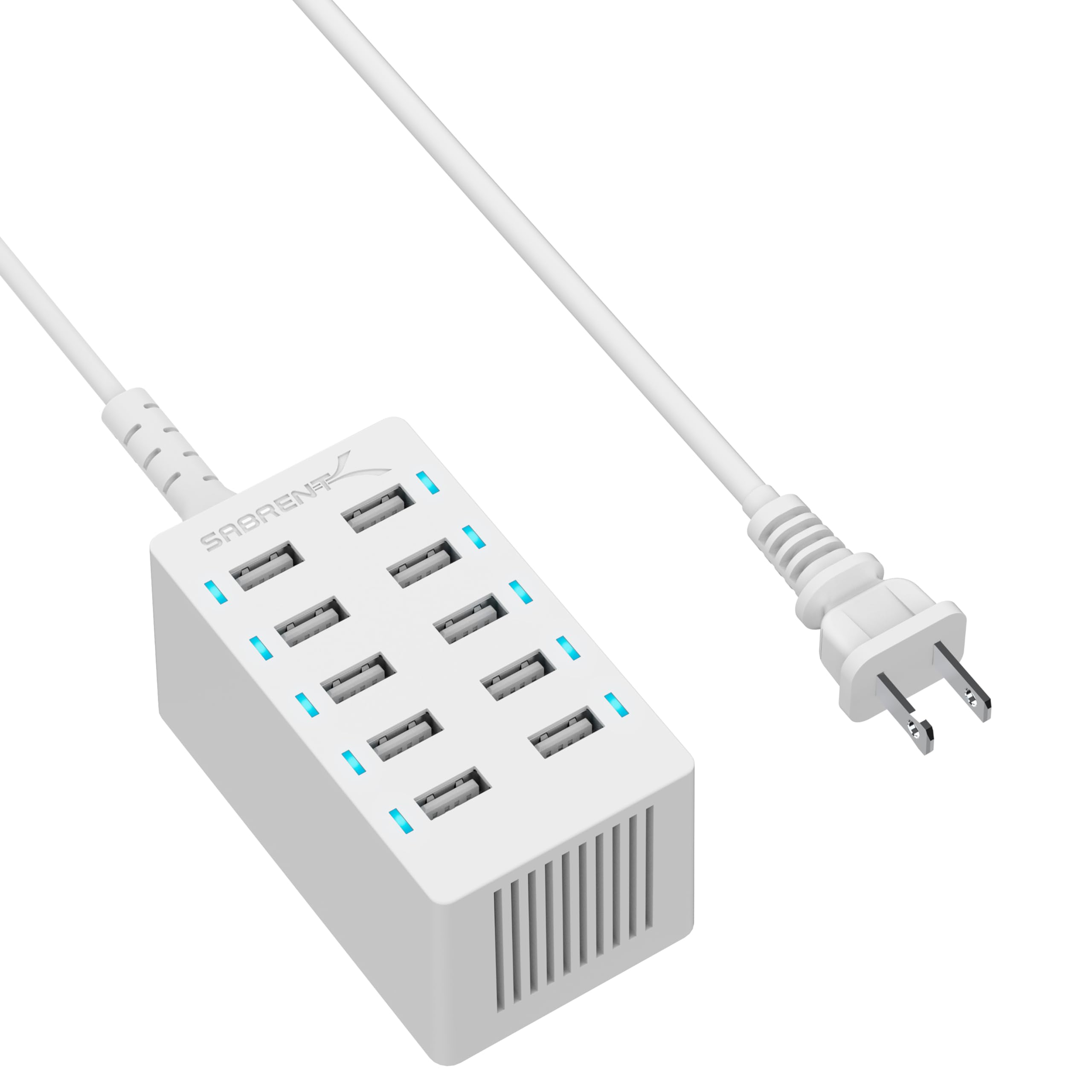 SABRENT 60 Watt (12 Amp) 10 Port [UL Certified] Family Sized Desktop USB Rapid Charger. Smart USB Charger with Auto Detect Technology [White] (AX-TPCS-W)