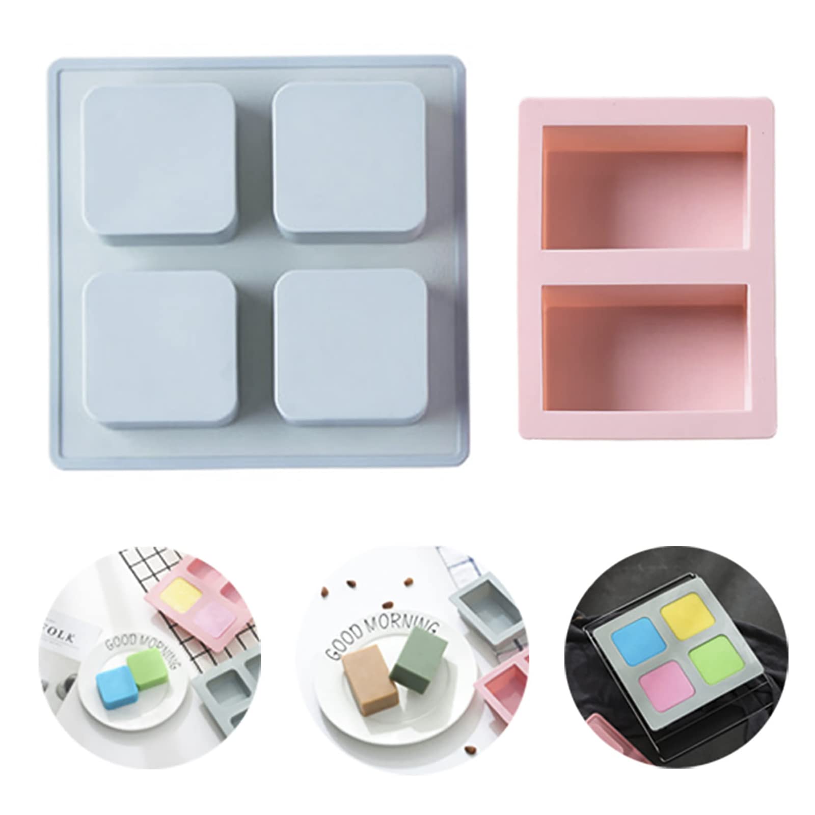 BuxiuGK 2Pcs Soap Moulds Silicone,Rectangle Silicone Mould 2-Cavity and Square Soap Mould 4-Cavity for Making Soap Bar,Resin,Soap Candles and Jelly-Pink,Light Blue