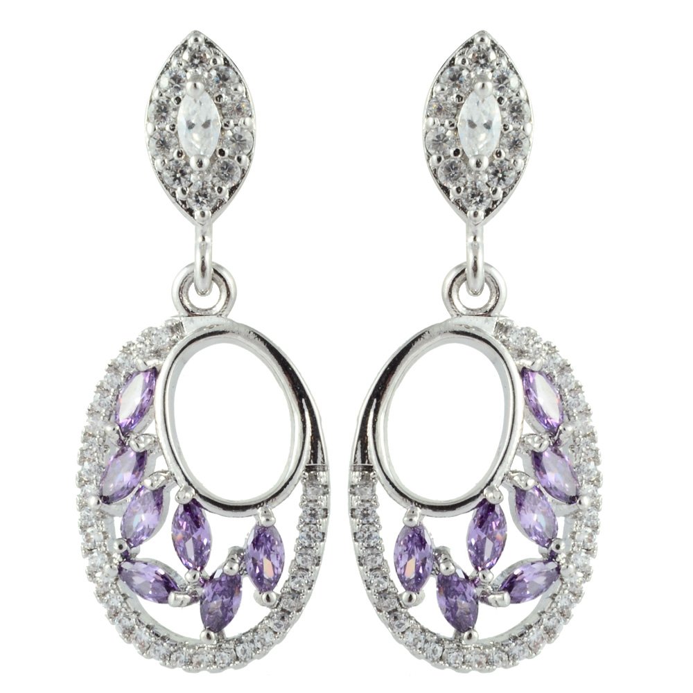 RIZILIA Drop Pierced Earrings with Marquise Cut Gemstones CZ [Purple Amethyst] in 18K White Gold Plated, Simple Modern Elegance