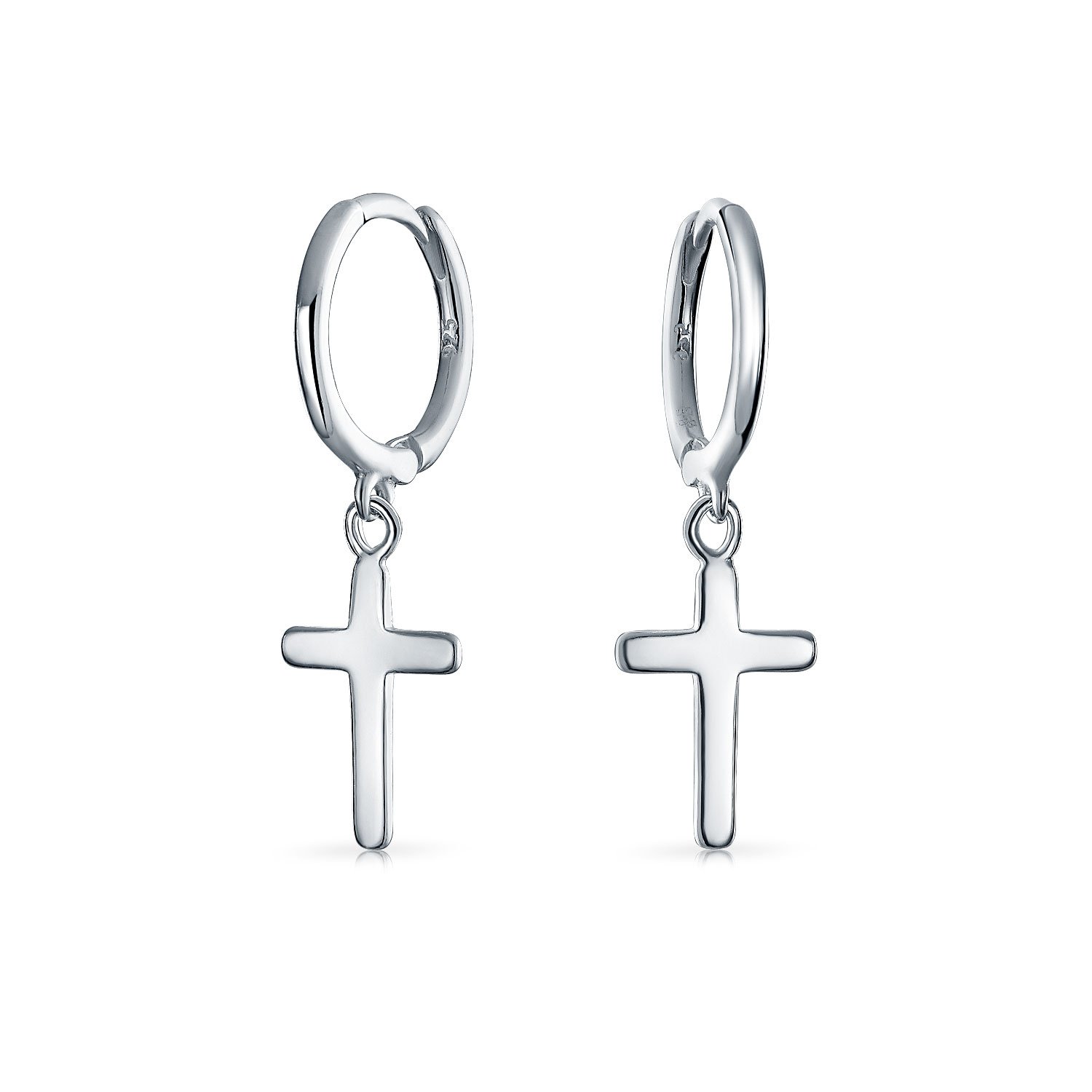 Small Plain Religious Dangling Charm Cross Mini Hoop Huggie Earrings For Women Men Teen .925 Sterling Silver