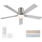 Rayqueen 52 Inch Ceiling Fans with Lights and Remote,Flush Mount Brushed Nickel Ceiling Fan,6 Speed Reversible DC Motor,3CCT Dimmable LED-Low Profile Design for Bedroom, Living room & Covered Outdoor