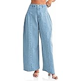 PLNOTME Womens Baggy High Waisted Jeans Loose Boyfriend Wide Leg Side Pleated Denim Pants