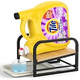Laundry Detergent Holder Stand with Drip Tray, Black Frame &amp; Natural Wood | Angled design holds one full-size liquid detergent or softener bottle. Drip tray catches spills for easier dispensing