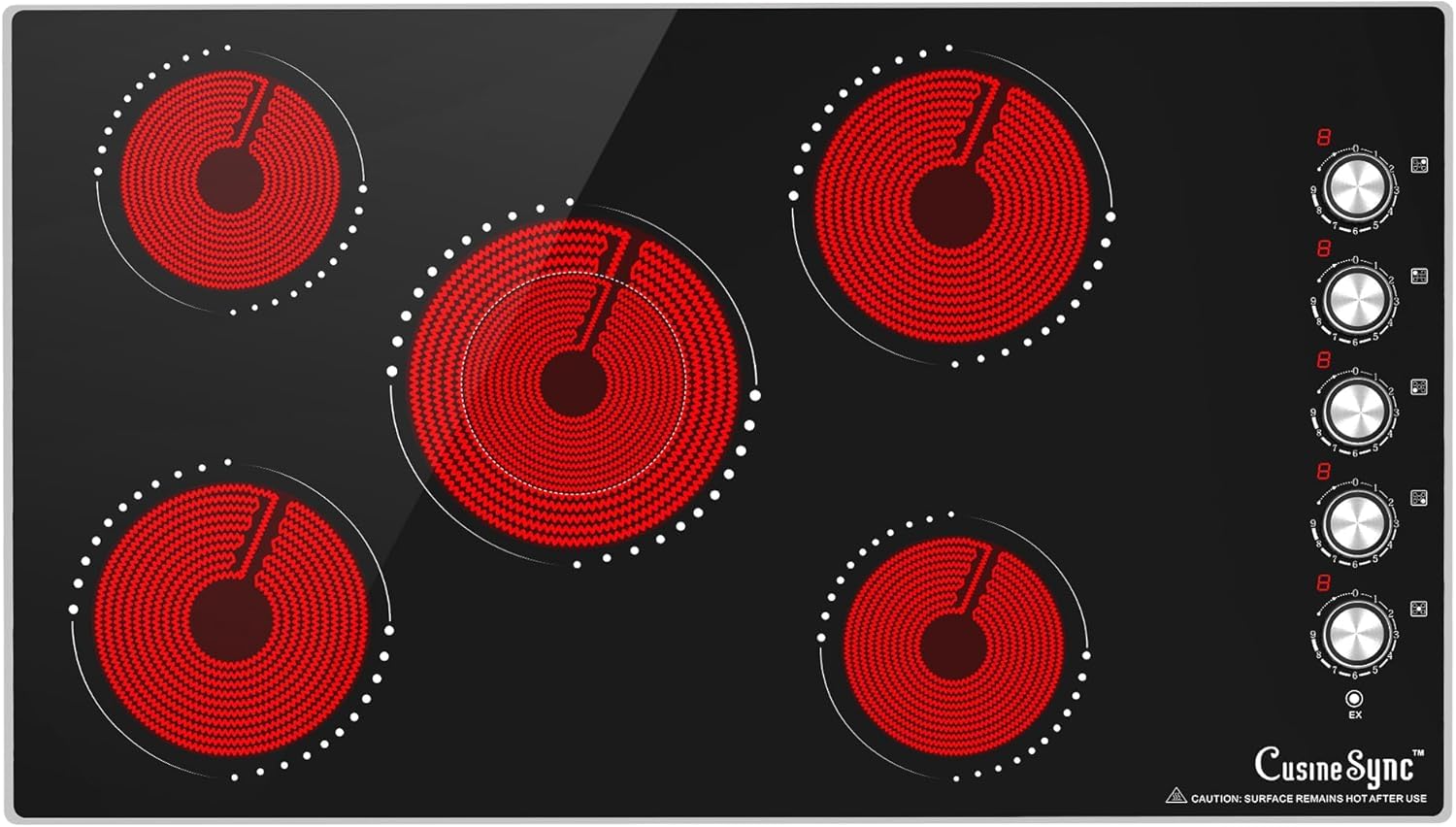 Photo 1 of Cusinesync 36 Inch Electric Cooktop, 5 Burner Built-In Ceramic Glass Cooktop with Knob Control, 9 Power Levels, Expandable Burner, 8500W, 220–240V Hardwired, Works with All Cookware